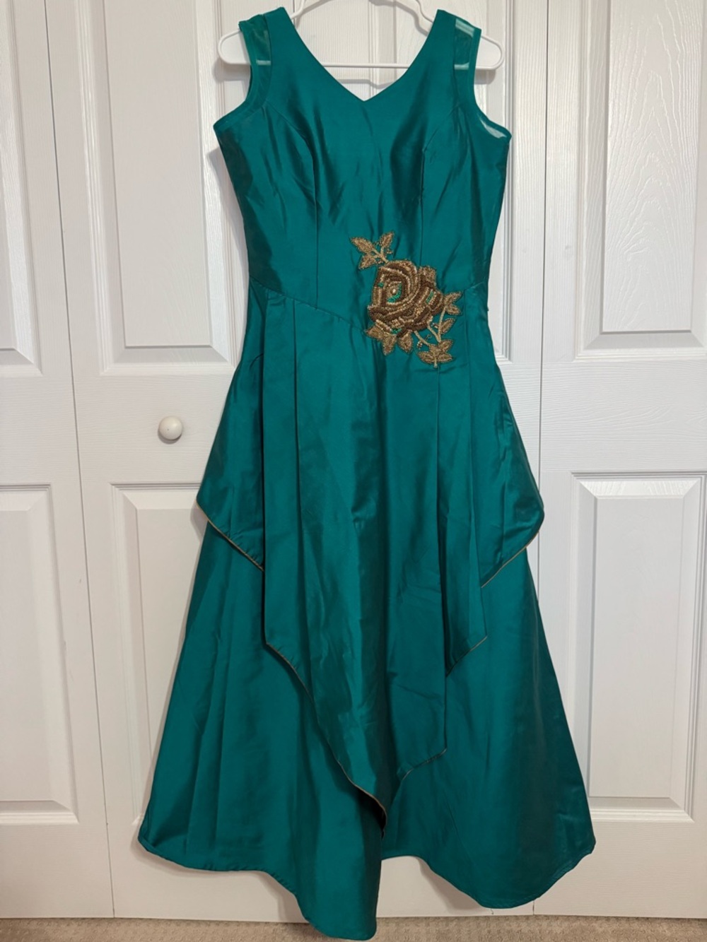Sleeveless Teal Evening Dress/ Indowestern gown with Gold Embroidered Rose